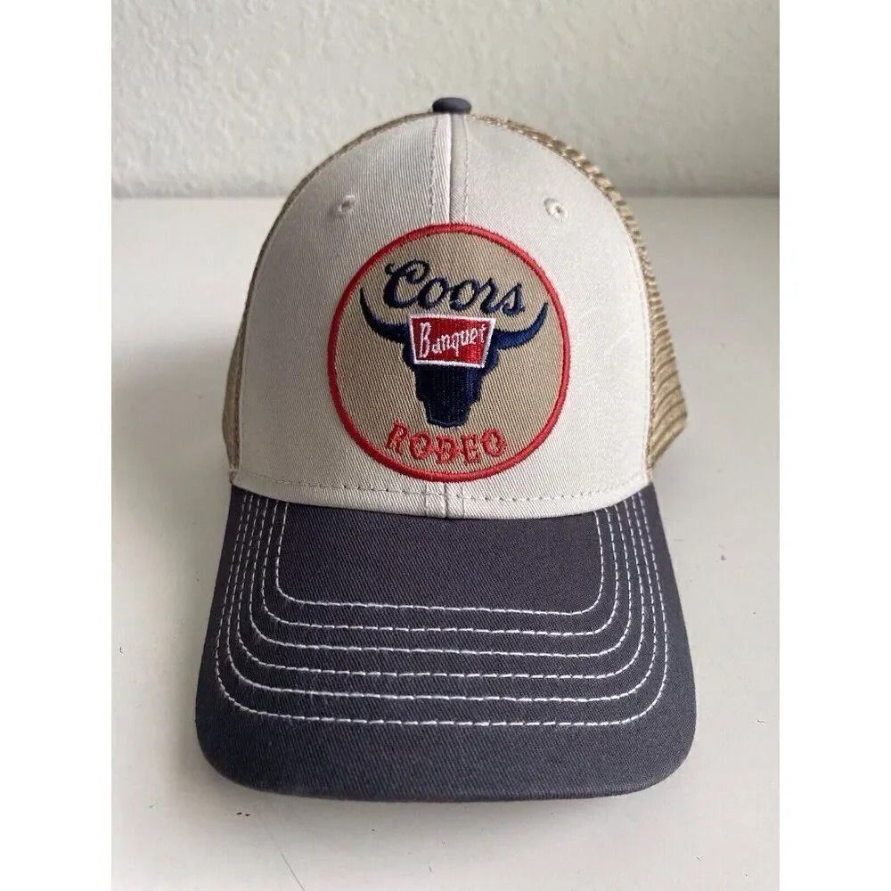 Coors Banquet Rodeo Embroidered Logo Mesh Snapback Hat Tan Blue Red Beige NEW